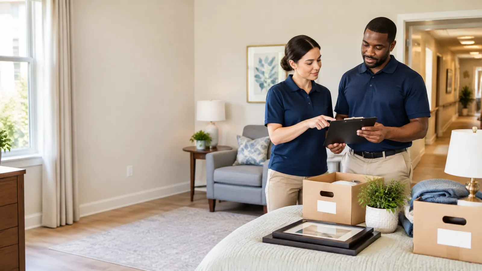 A professional crew member coordinating a senior living unit transition with a checklist